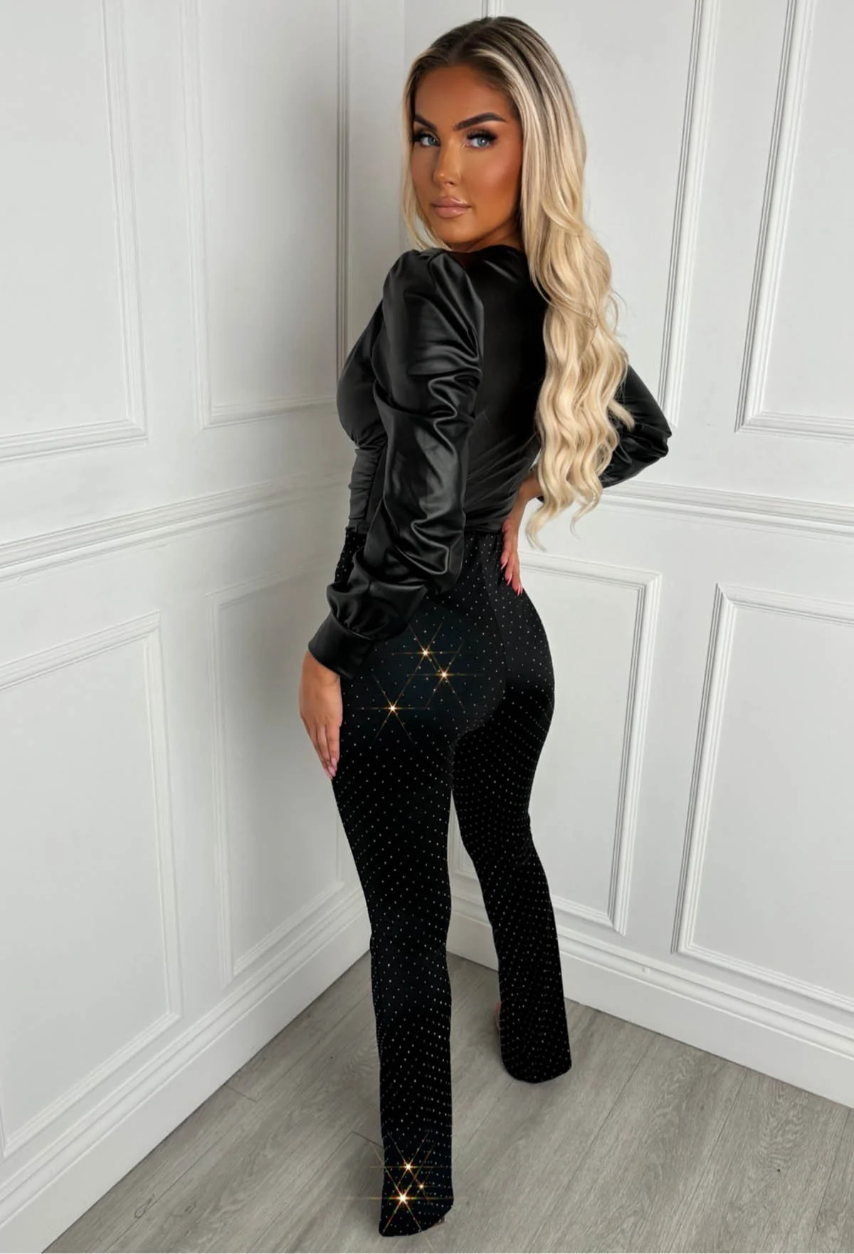 Slay The Day Black Hot Fix Stretchy Flared Trousers - Image 3