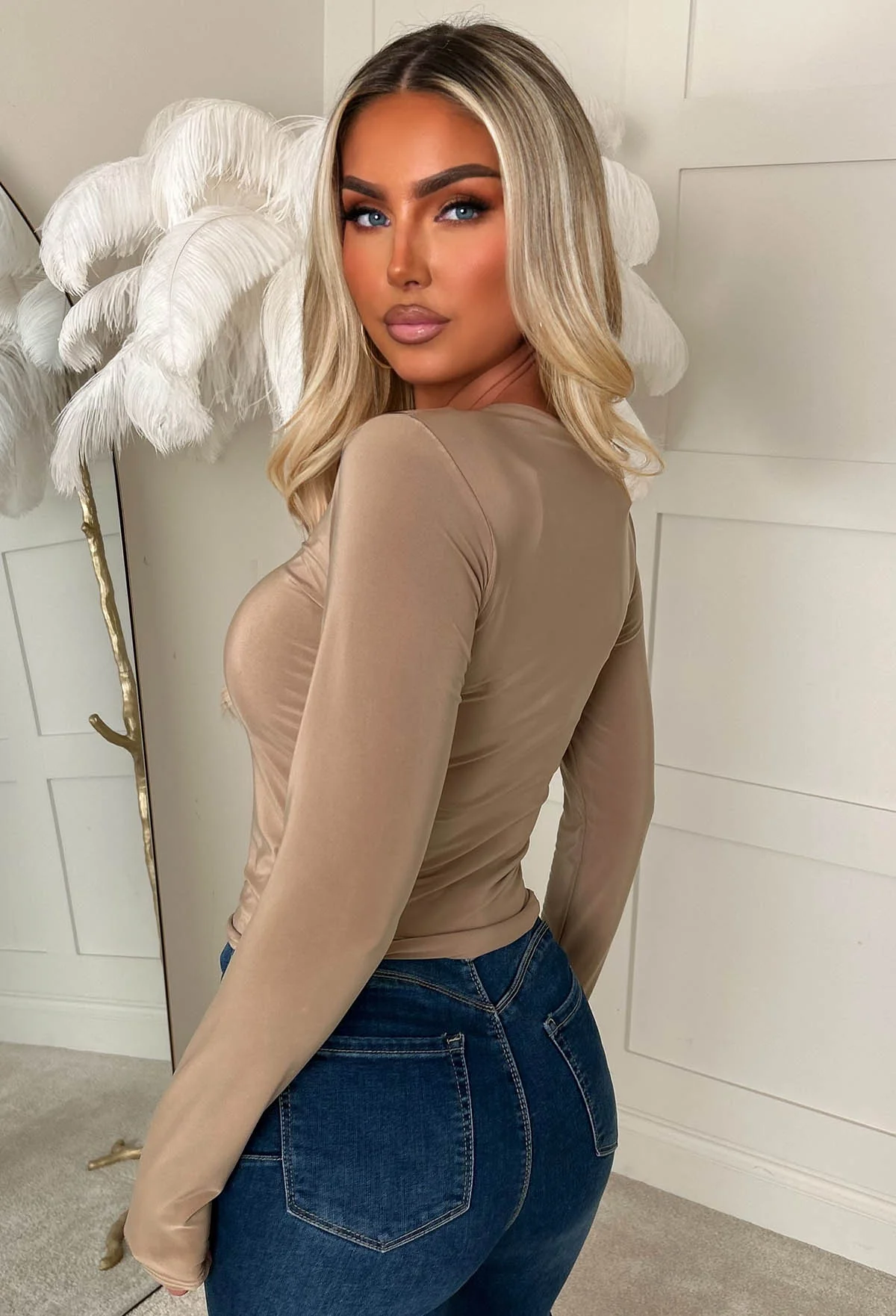 Sleek Aura Taupe Long Sleeve Top - Image 2