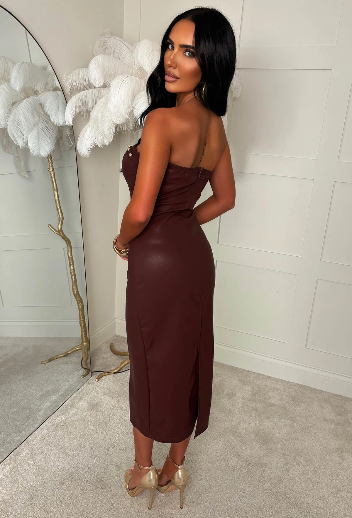 Slick Chick Burgundy Faux Leather Bandeau Pencil Dress - Image 3