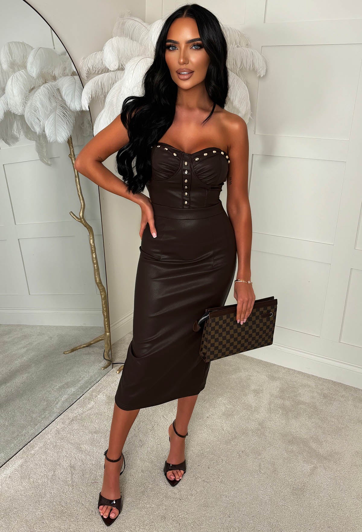 Slick Chick Chocolate Brown Faux Leather Bandeau Pencil Dress - Image 3