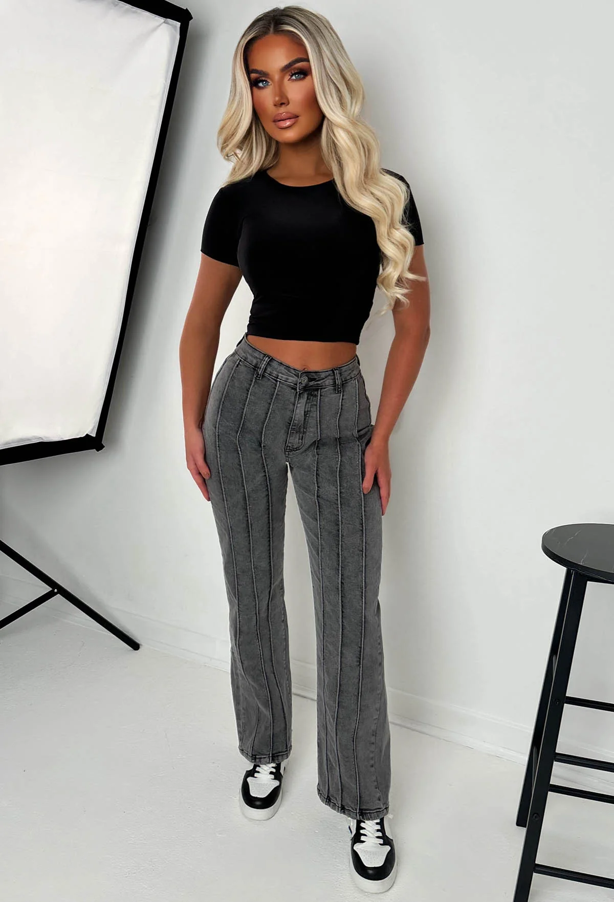 Slim Pickings Black Stitch Seamed Stretch Straight Leg Jeans
