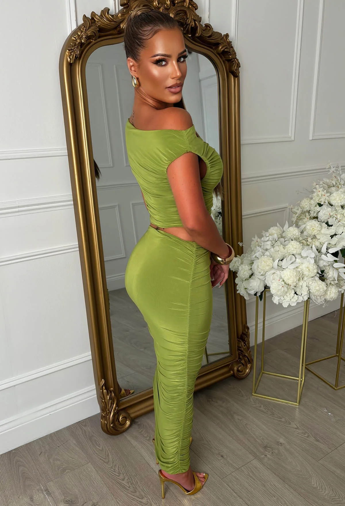 Snatch You Up Green Ruched Double Slinky Skirt Co-Ord Set - Image 2