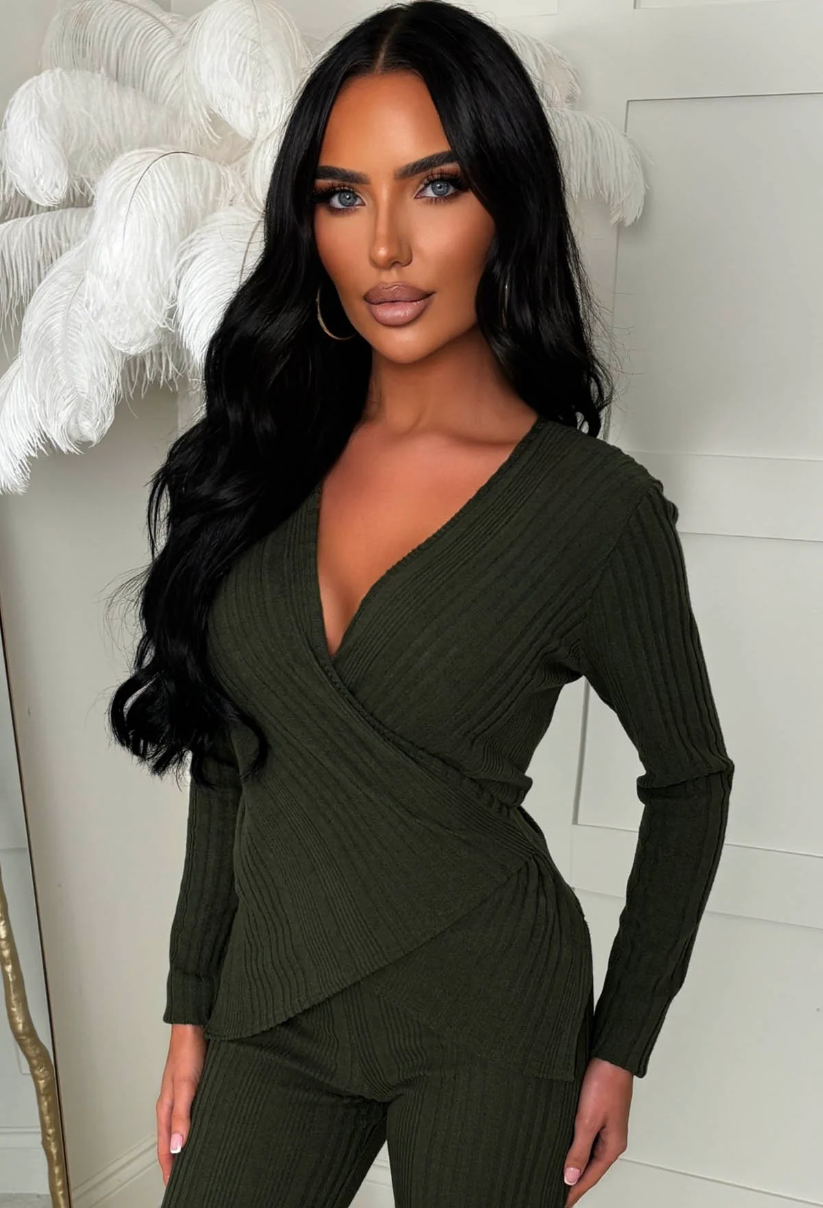 Snug Bug Khaki Ribbed Wrap Loungewear Top - Image 4