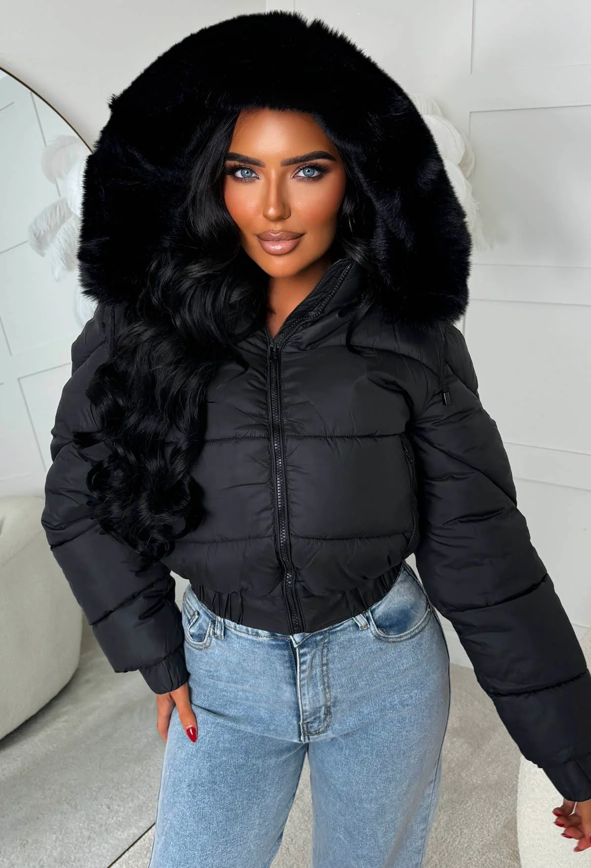 Snug Shadow Black Cropped Faux Fur Lined Padded Coat - Image 2