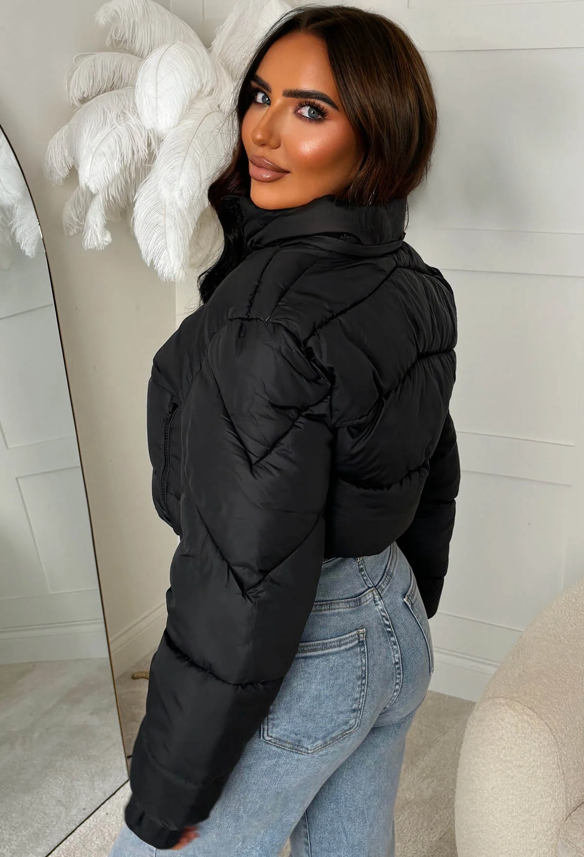 Snug Shadow Black Cropped Faux Fur Lined Padded Coat - Image 6