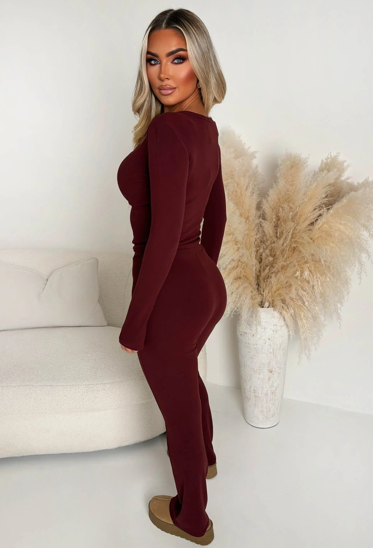 Snug Time Burgundy Square Neck Soft Top & Trousers Lounge Co-Ord Set - Image 2