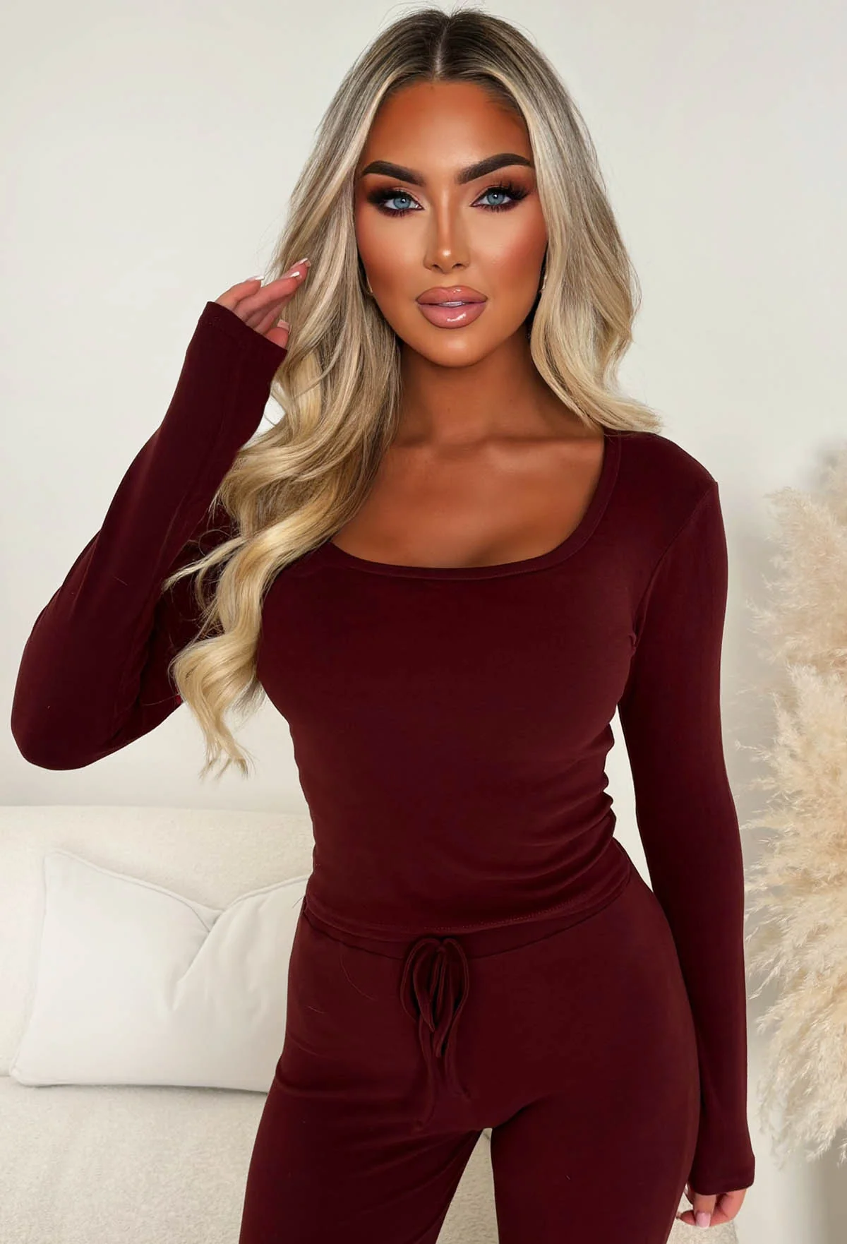 Snug Time Burgundy Square Neck Soft Top & Trousers Lounge Co-Ord Set - Image 3