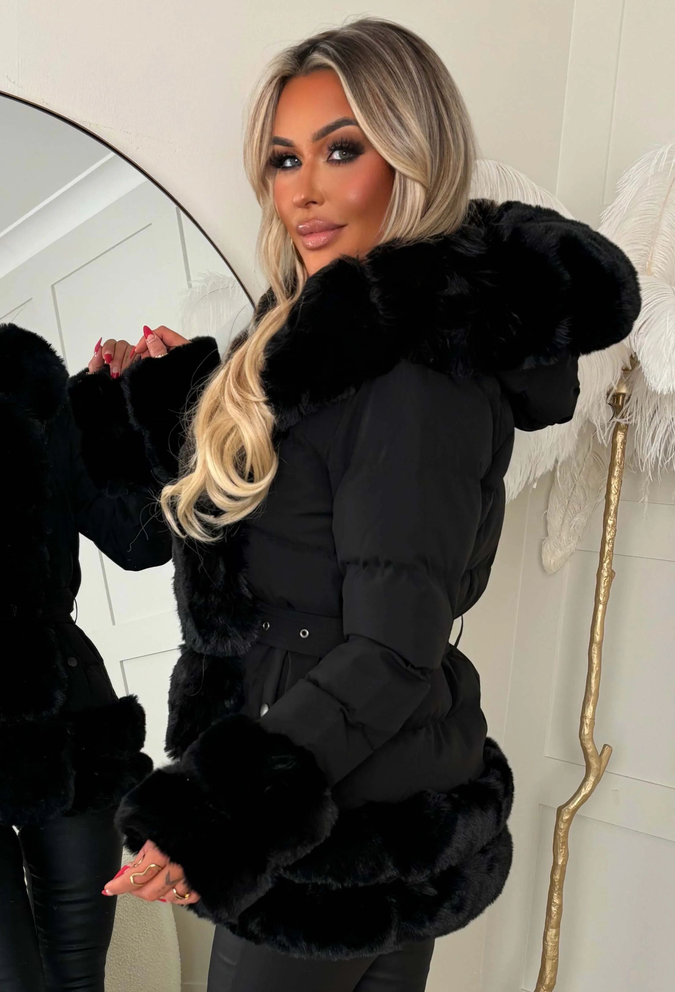 Snuggle Season Black Faux Fur Belted Padded Coat - Image 3