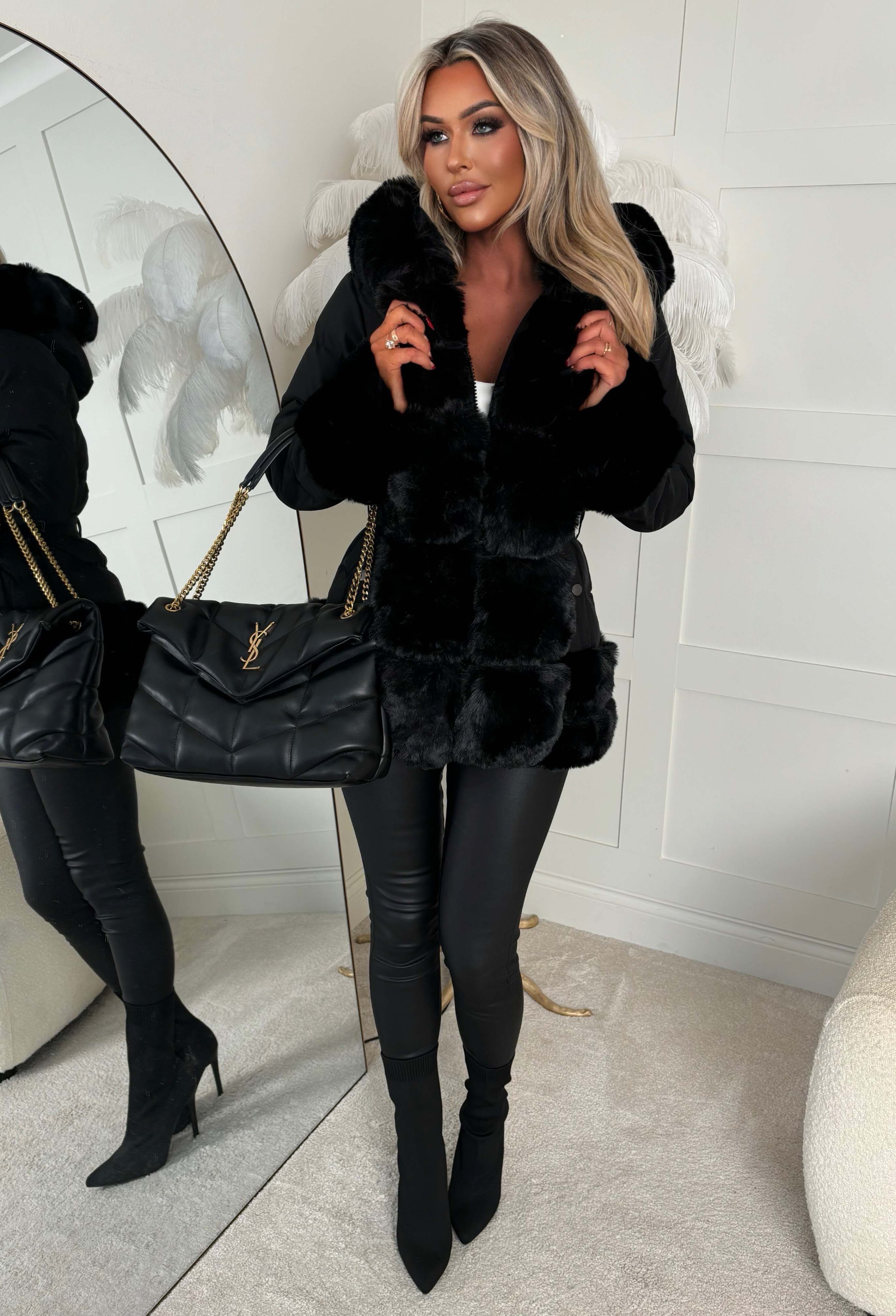 Snuggle Season Black Faux Fur Belted Padded Coat - Image 4