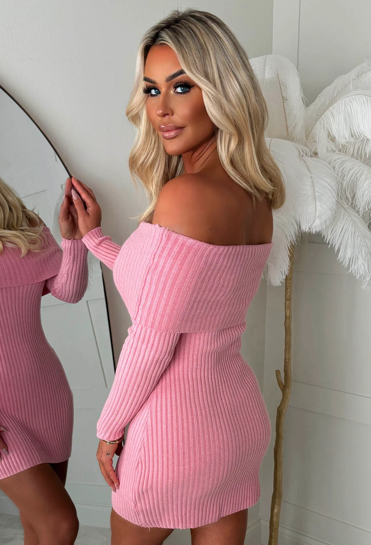 So Cosy Baby Pink Bardot Ultra Soft Mini Knitted Dress - Image 3
