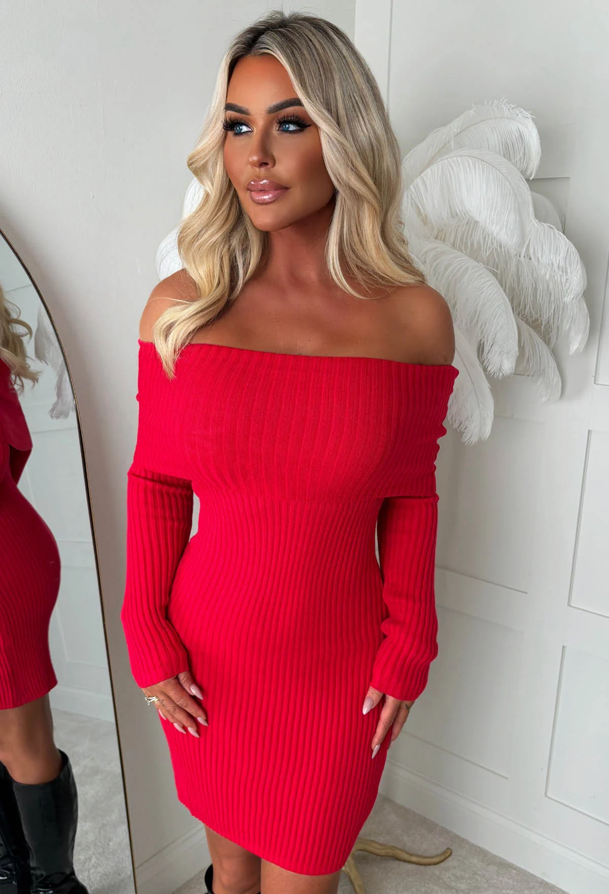 So Cosy Red Bardot Ultra Soft Knitted Dress - Image 2