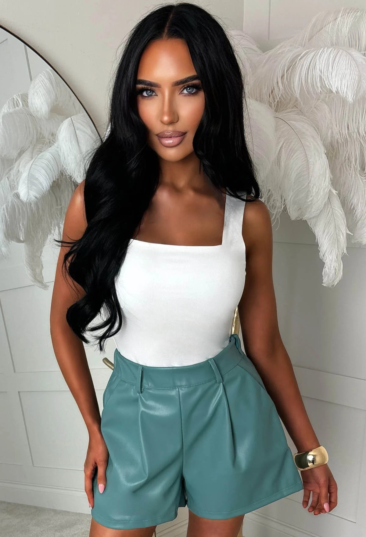 So Cute Petrol Blue Tailored Stretch Waistband Faux Leather Shorts - Image 4