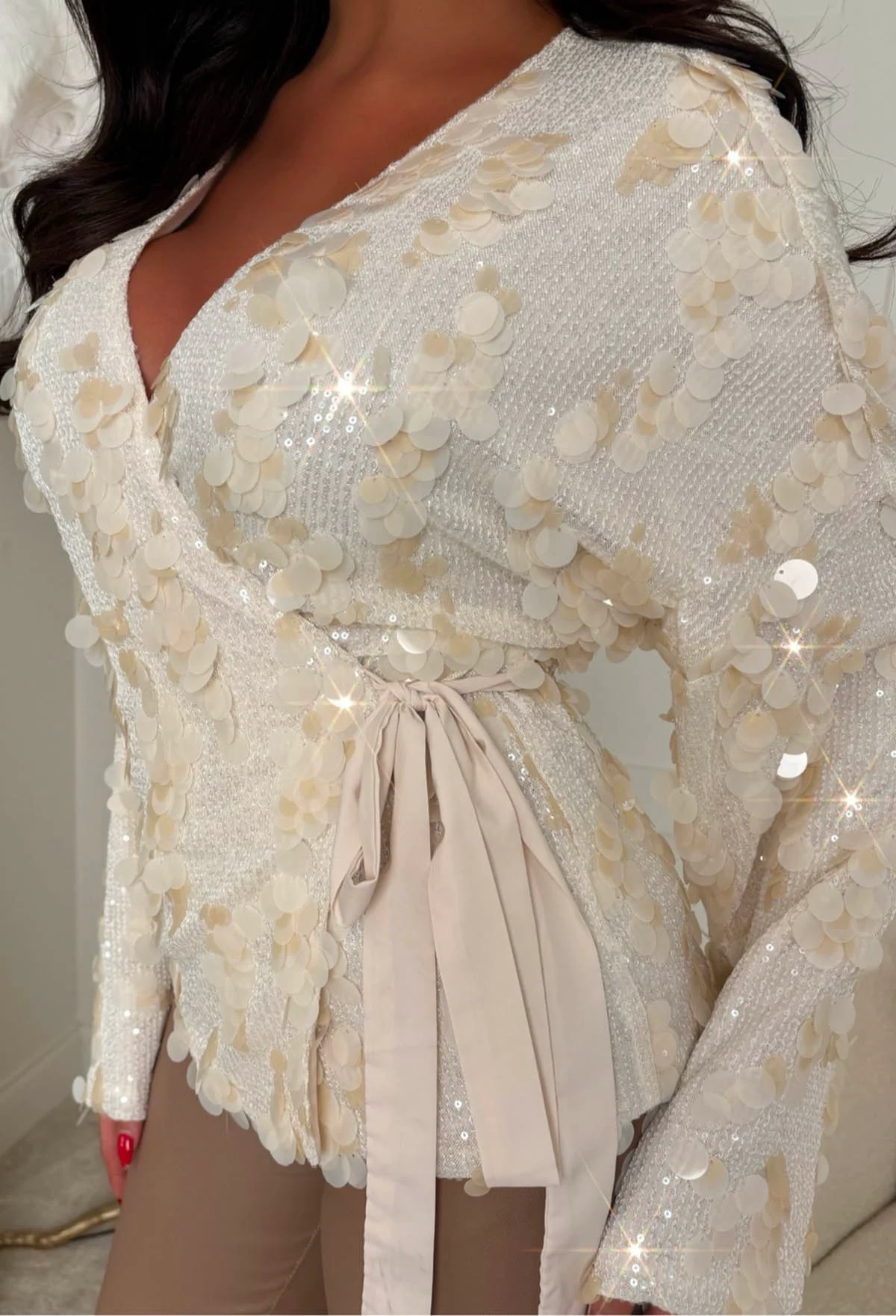 So Iconic Cream Sequin Wrap Tie Top - Image 4