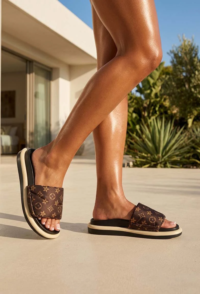 So Sassy Brown Monogram Satin Sliders - Image 3