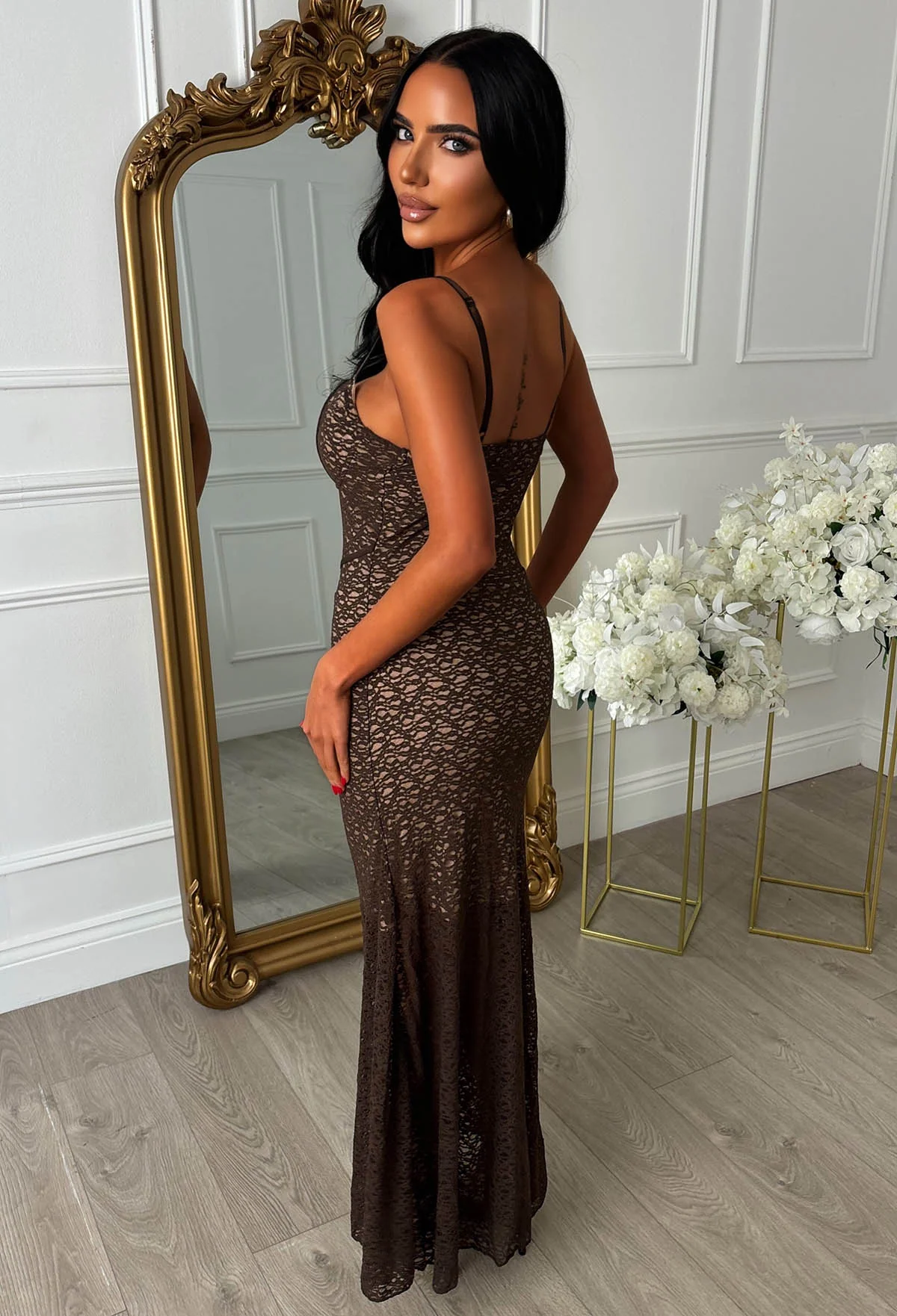Soft Allure Brown Fitted Lace Maxi Dress - Image 2