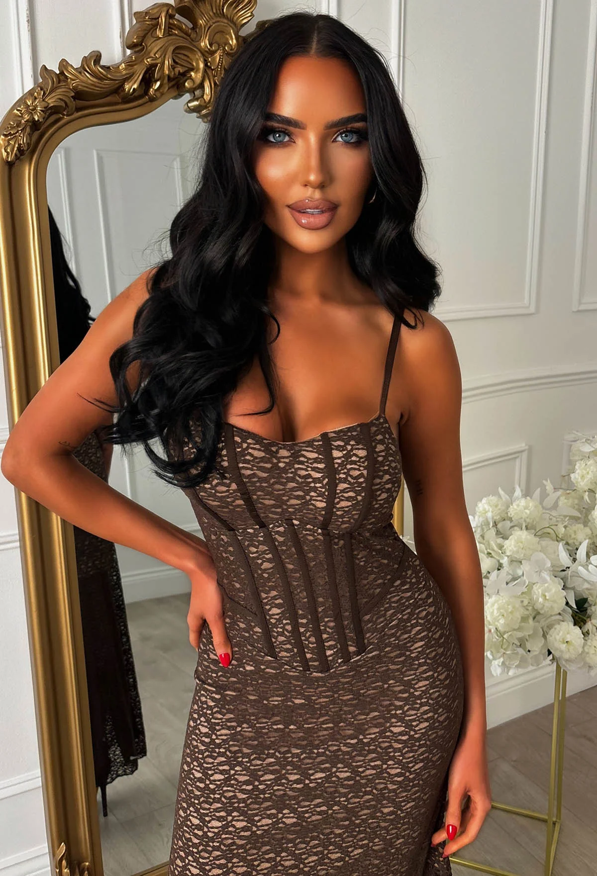 Soft Allure Brown Fitted Lace Maxi Dress - Image 3