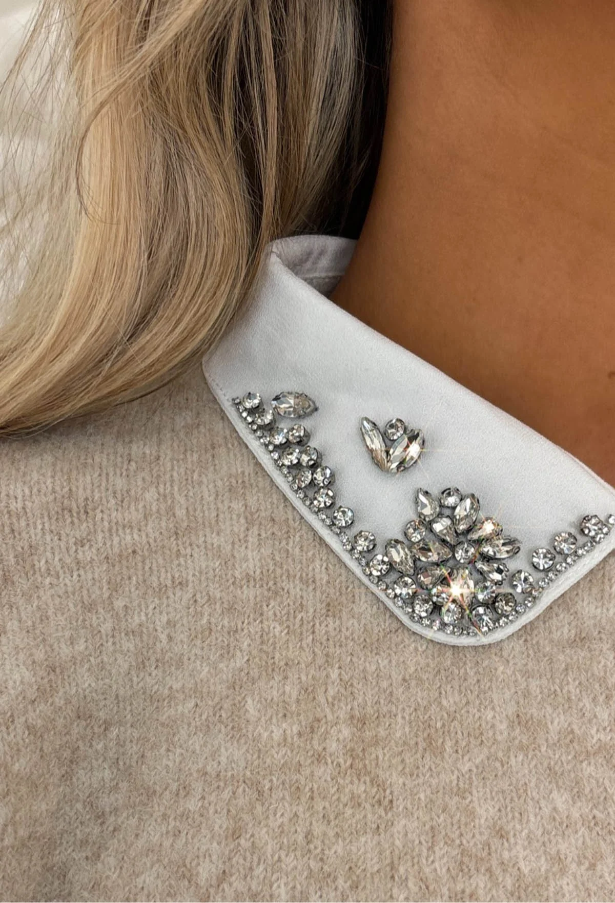 Soft Aura Beige Diamond Collar Embellished Jumper - Image 4