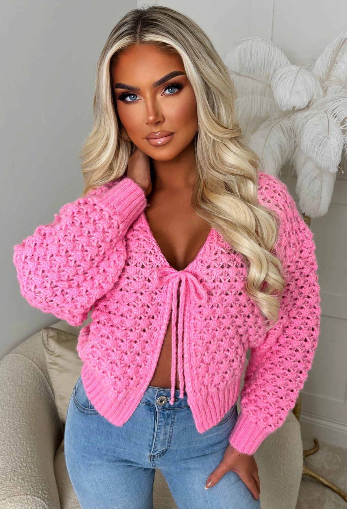 Sophia Pink Chunky Knit Cardigan - Image 3