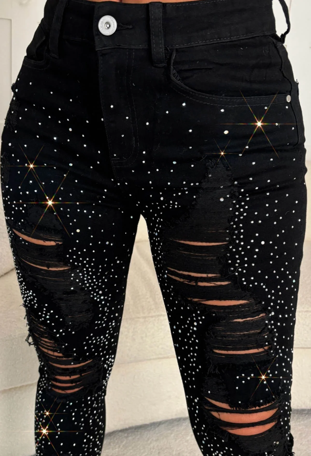 Sparkle Days Black Sparkle Ripped Stretch Jeans - Image 2