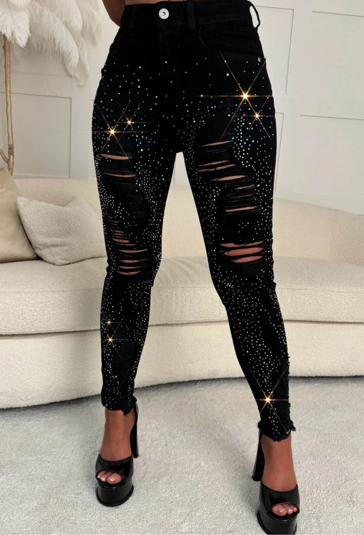 Sparkle Days Black Sparkle Ripped Stretch Jeans - Image 5