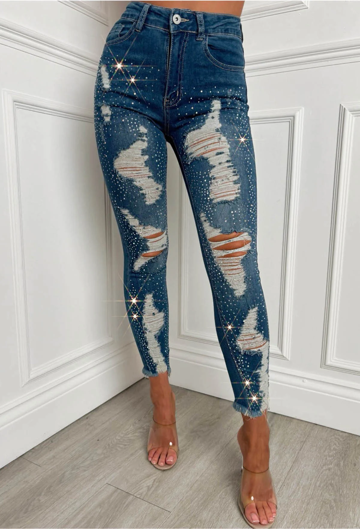 Sparkle Days Dark Blue Sparkle Ripped Stretch Jeans - Image 2