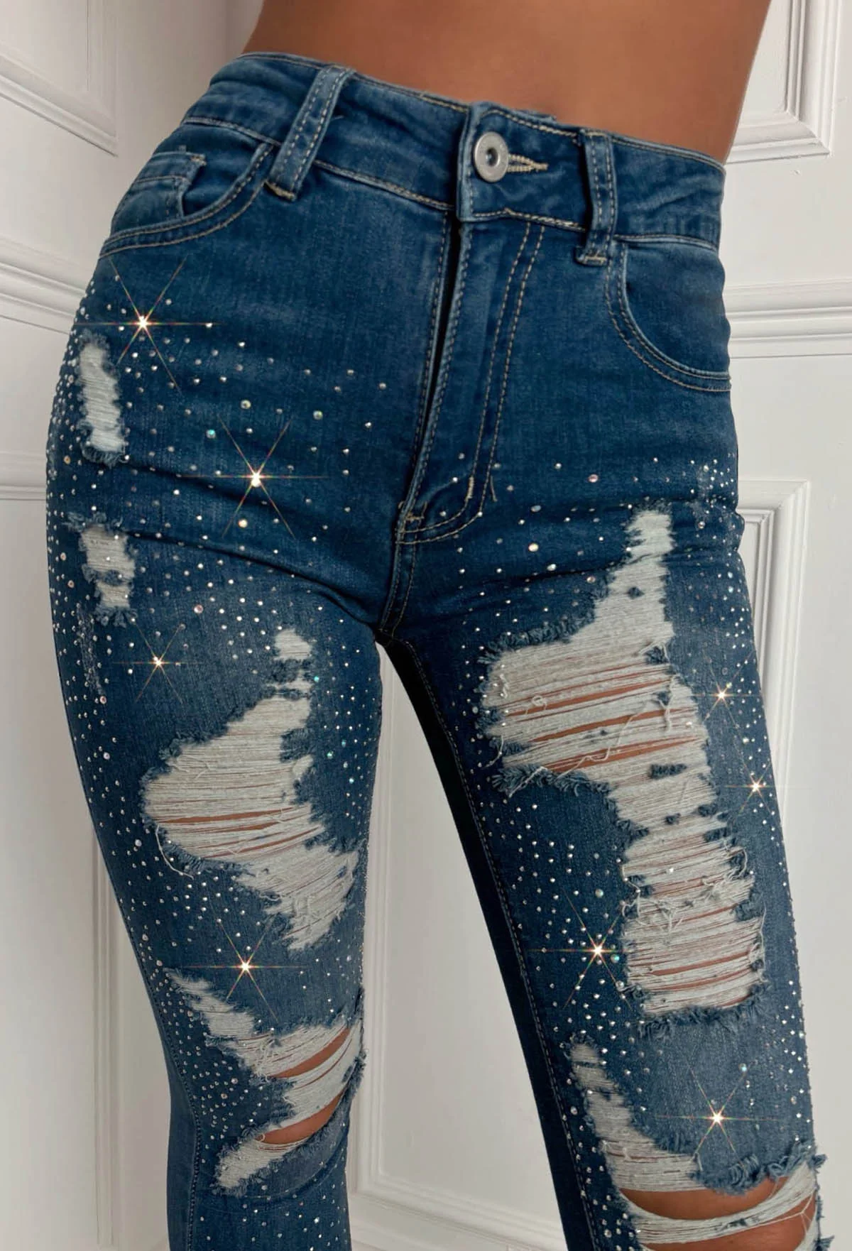 Sparkle Days Dark Blue Sparkle Ripped Stretch Jeans - Image 3