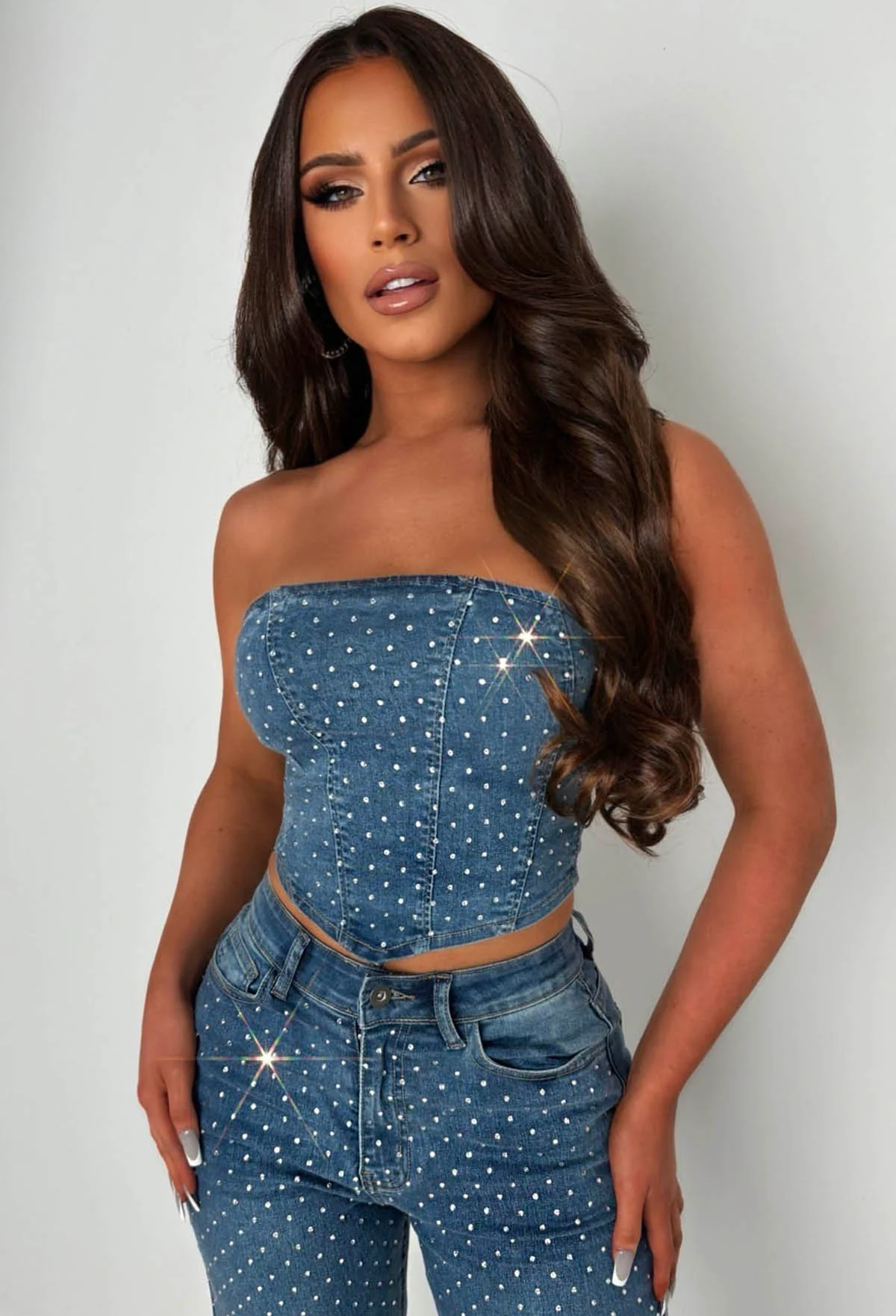 Sparkle Lover Mid Wash Stretch Denim Diamante Co-Ord Set - Image 2