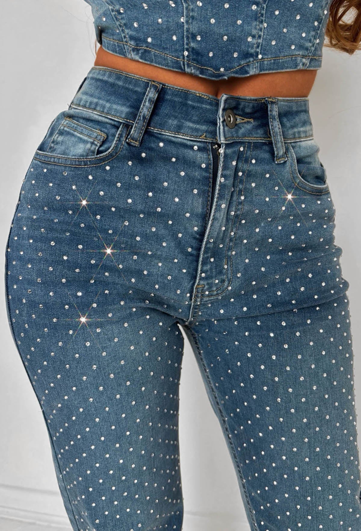 Sparkle Lover Mid Wash Stretch Denim Diamante Co-Ord Set - Image 3