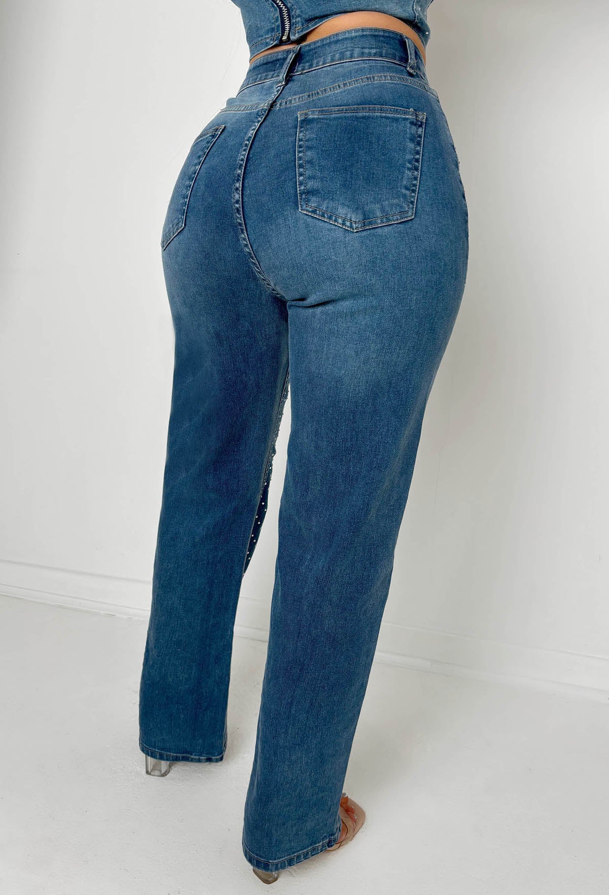 Sparkle Lover Mid Wash Stretch Denim Diamante Co-Ord Set - Image 4