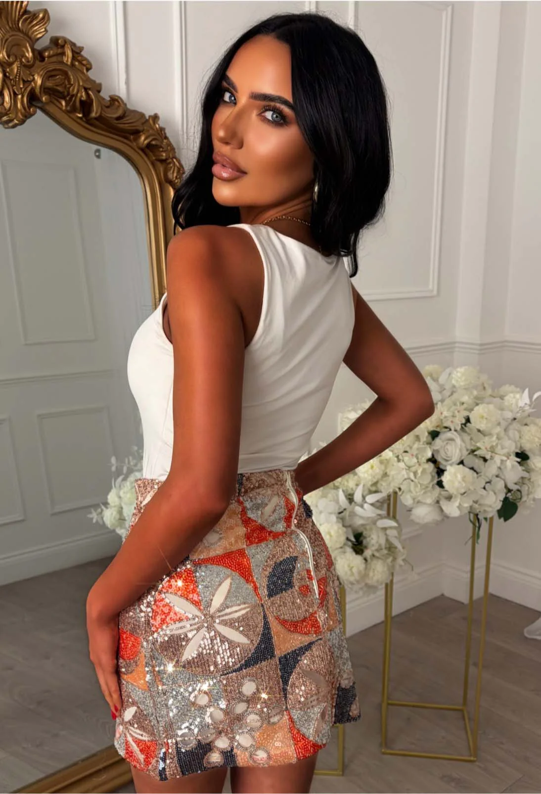 Sparkles In The Sun Orange Sequin Mini Skirt - Image 2