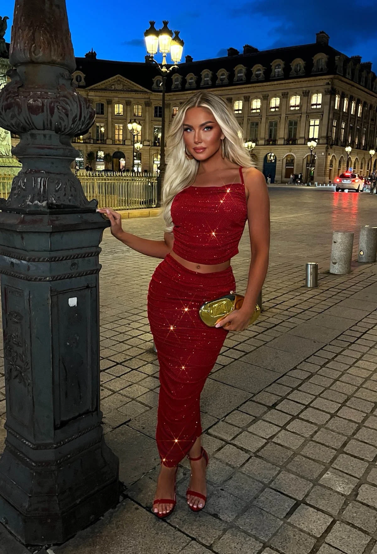 Sparkling Delight Red Sequin Foil Ruched Midi Skirt Co-Ord Set - Image 2