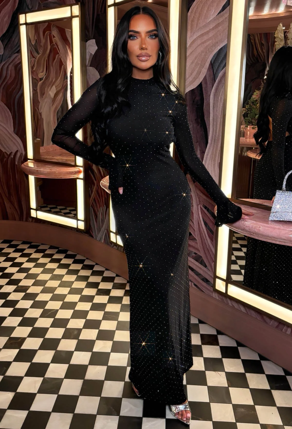 Sparks Will Fly Black Open Back Rhinestone Maxi Dress - Image 2