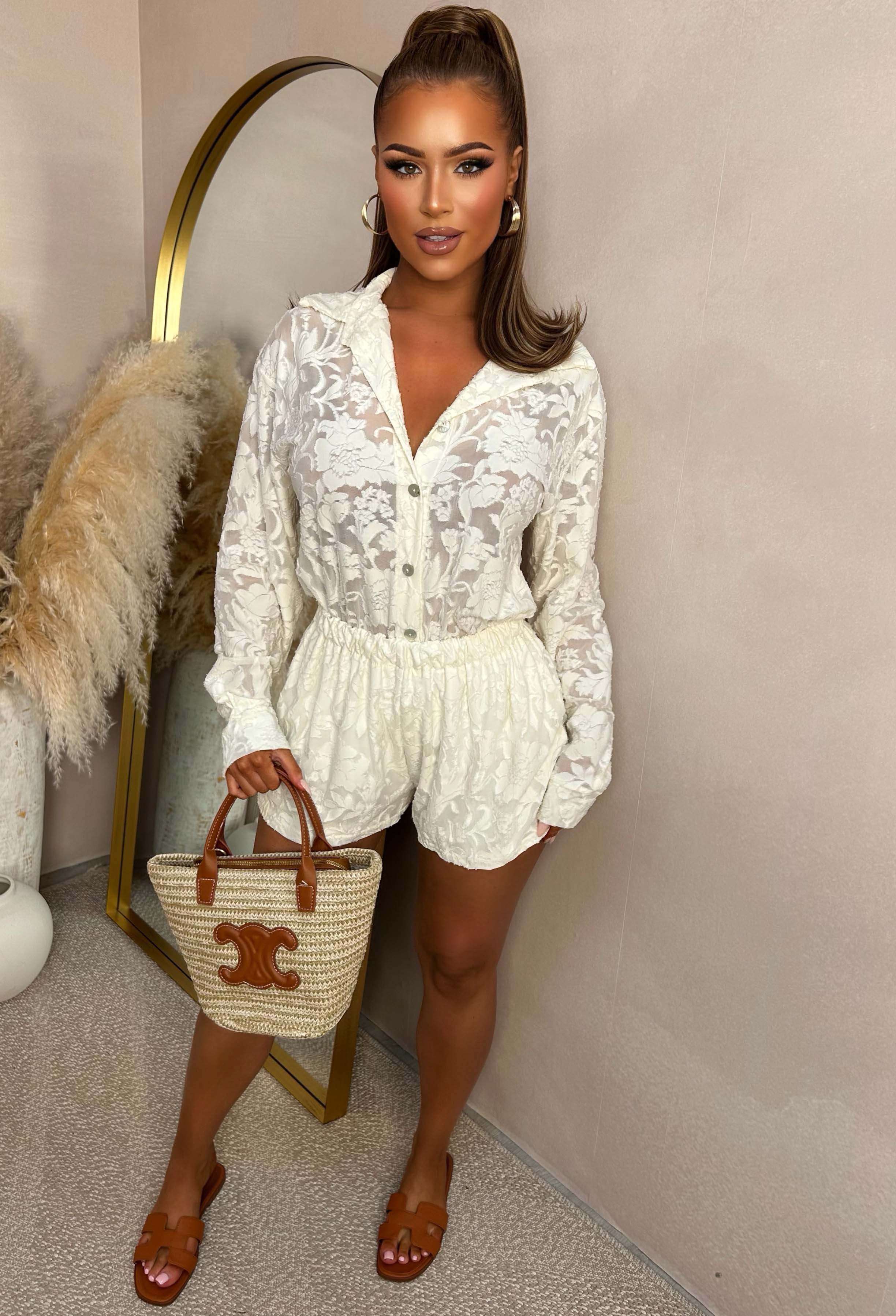 Spring Cutie Cream Burnout Shirt & Short Co-Ord Set - Image 4