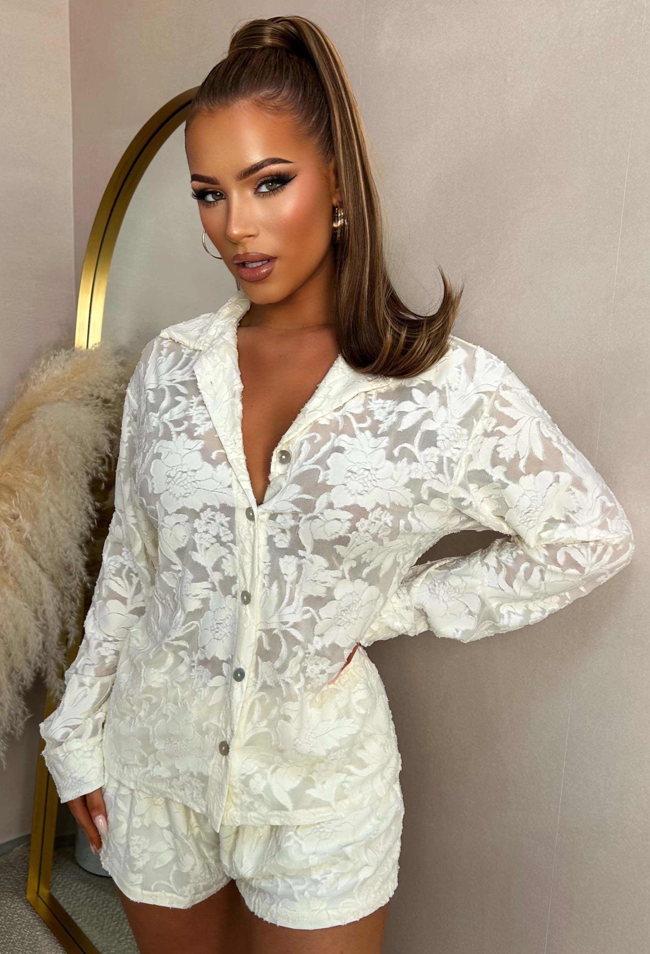 Spring Cutie Cream Burnout Shirt & Short Co-Ord Set - Image 5