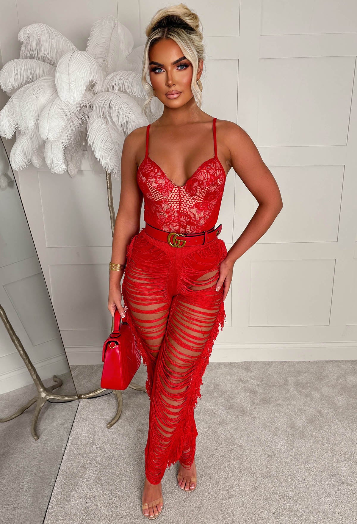 Stairway To Paradise Red Ladder Effect Trousers - Image 4