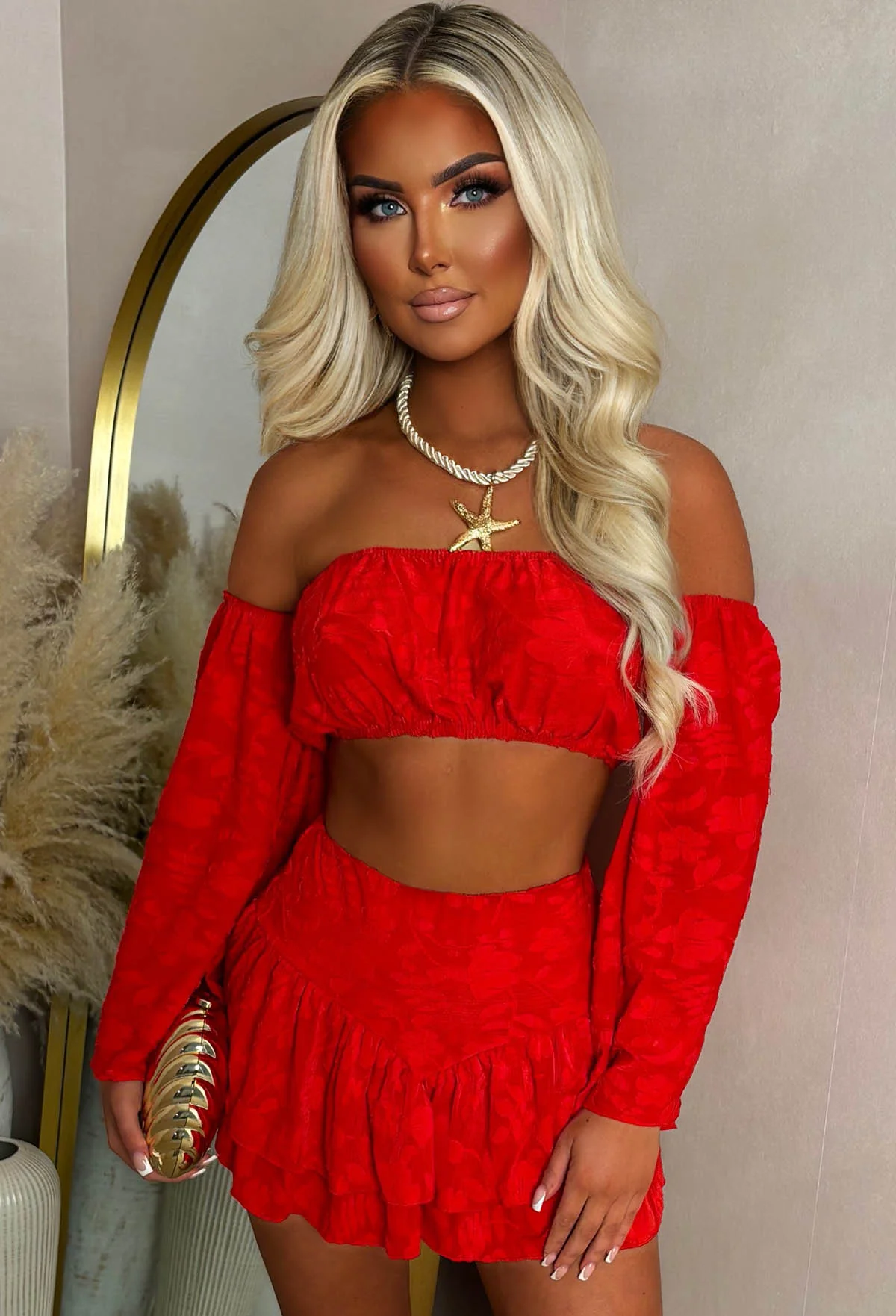 Starlit Skies Red Floral Textured Ruffle Skirt Crop Top Co-Ord - Image 3
