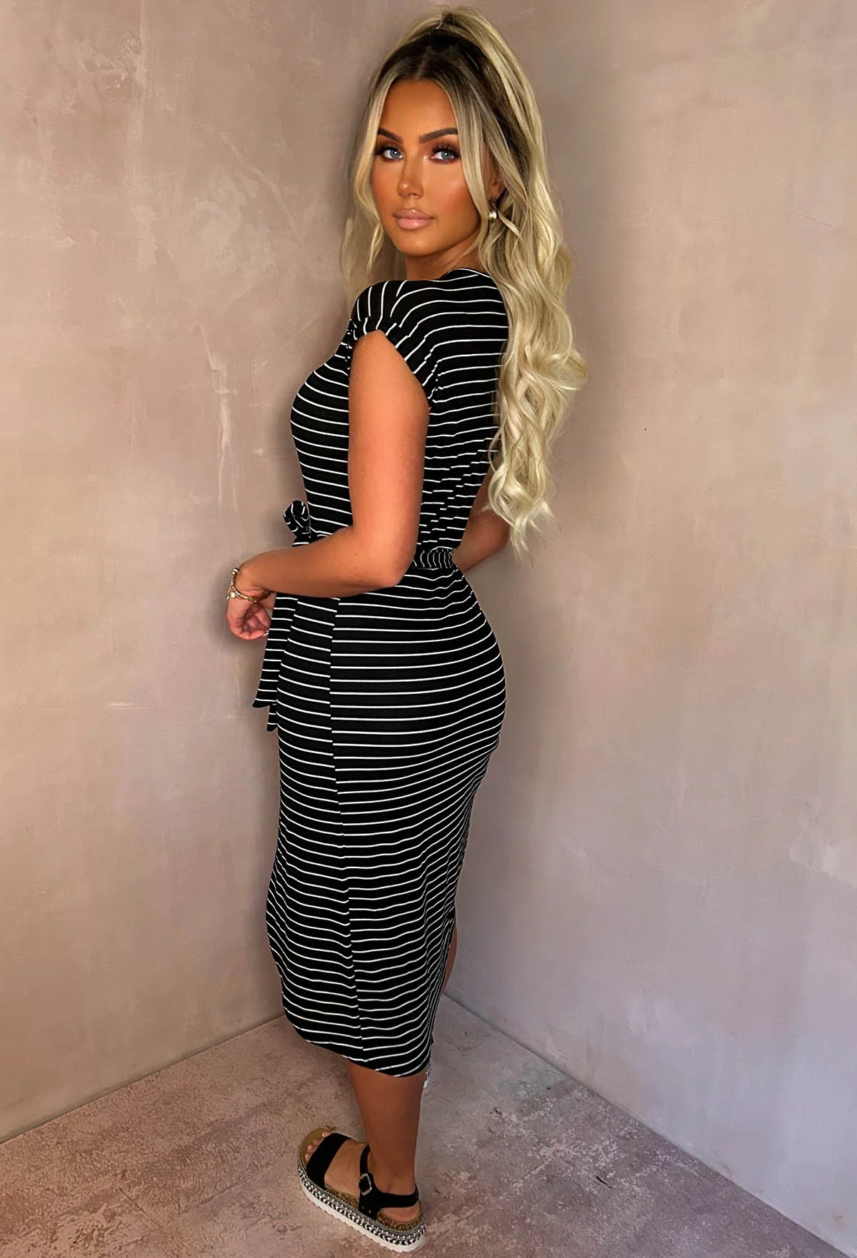 Stay In Line Black Short Sleeve Belted Striped Midi Dress - Image 2