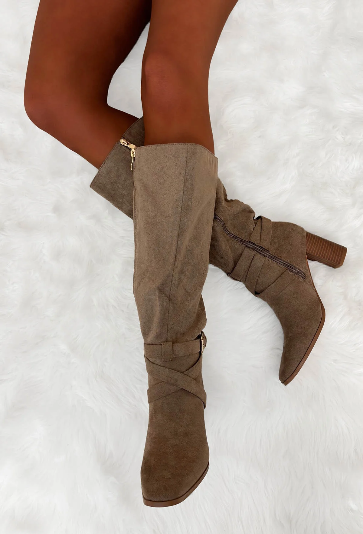 Step Aside Beige Faux Suede Buckled Block Heel Boots - Image 3
