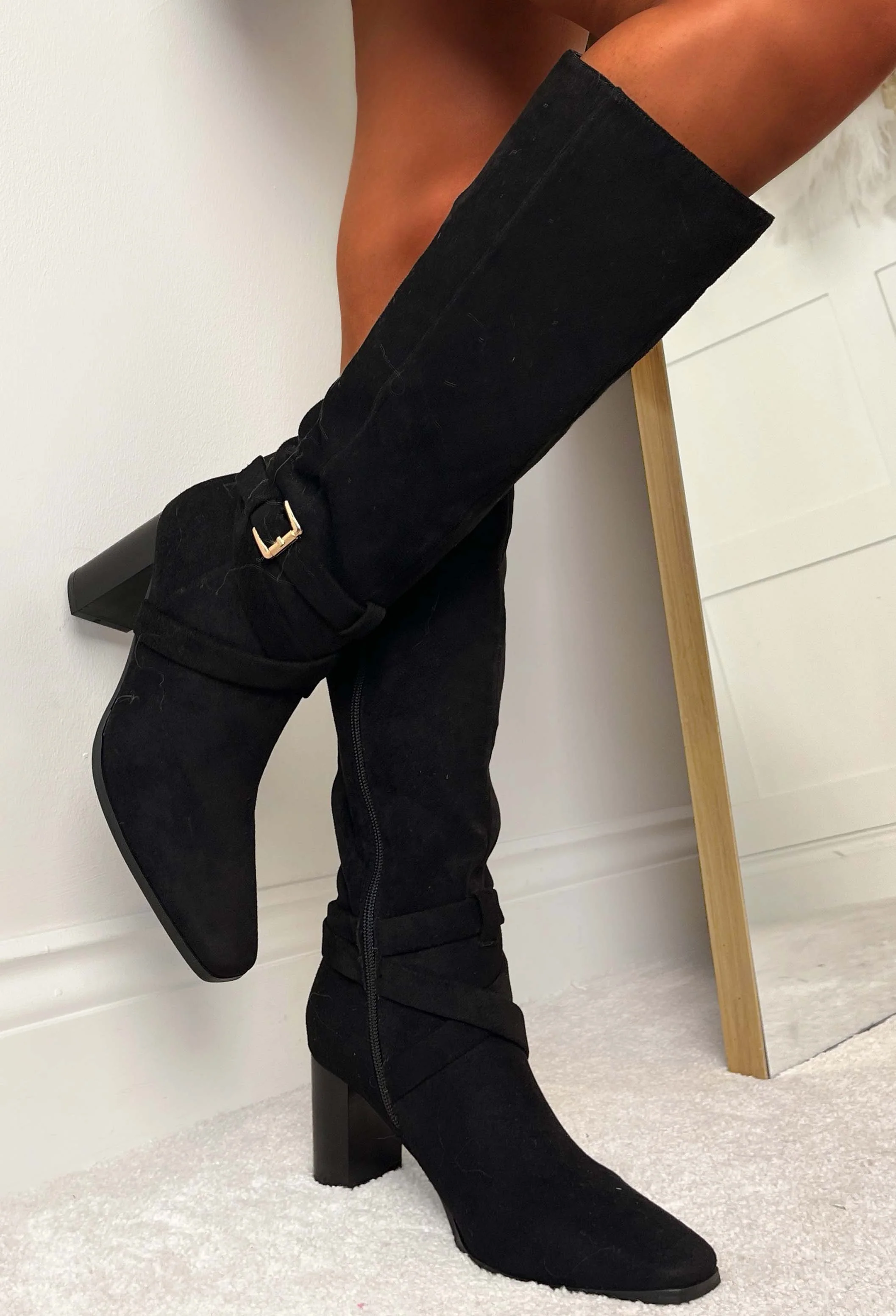 Step Aside Black Faux Suede Buckled Block Heel Boots - Image 2