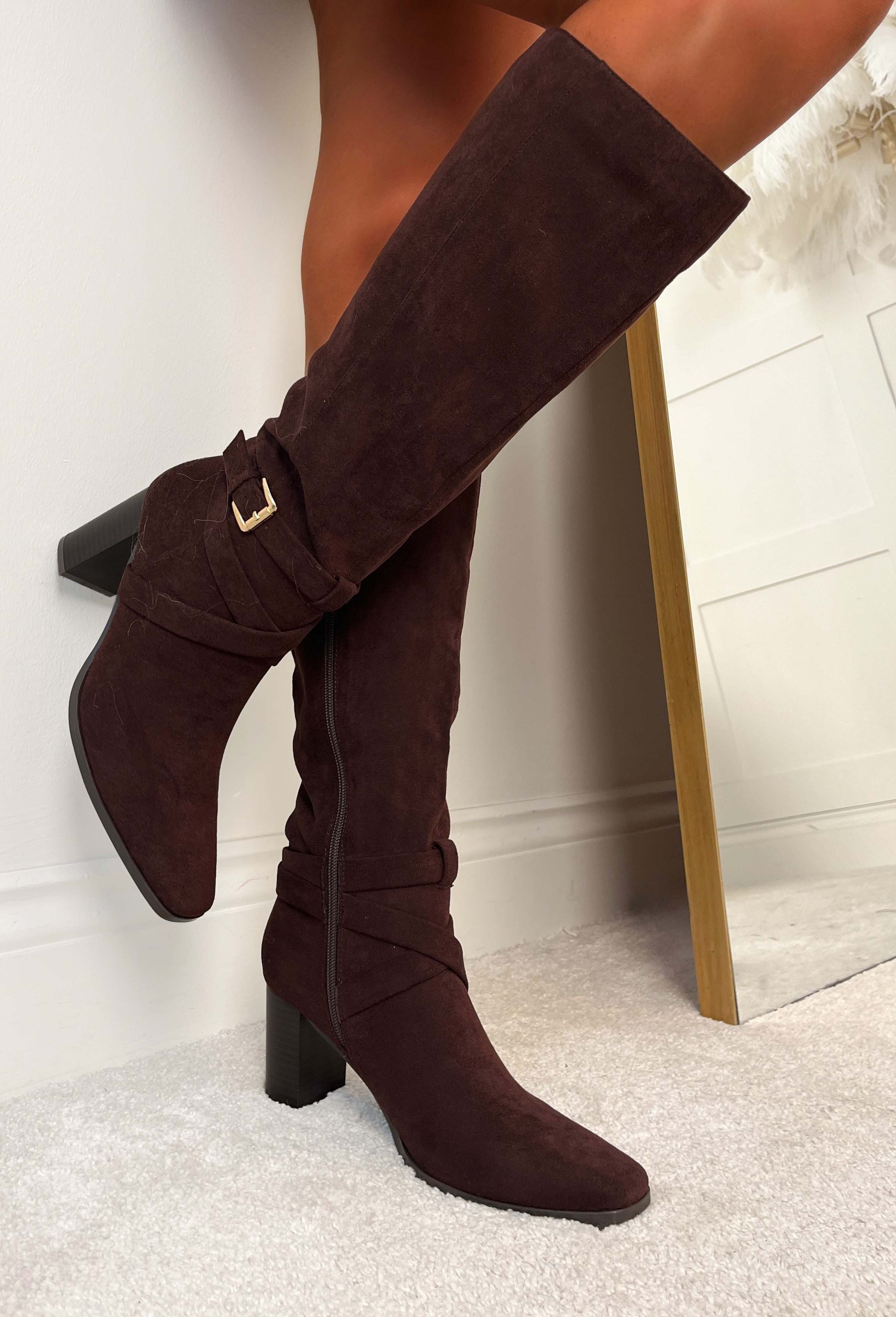 Step Aside Brown Faux Suede Buckled Block Heel Boots - Image 3