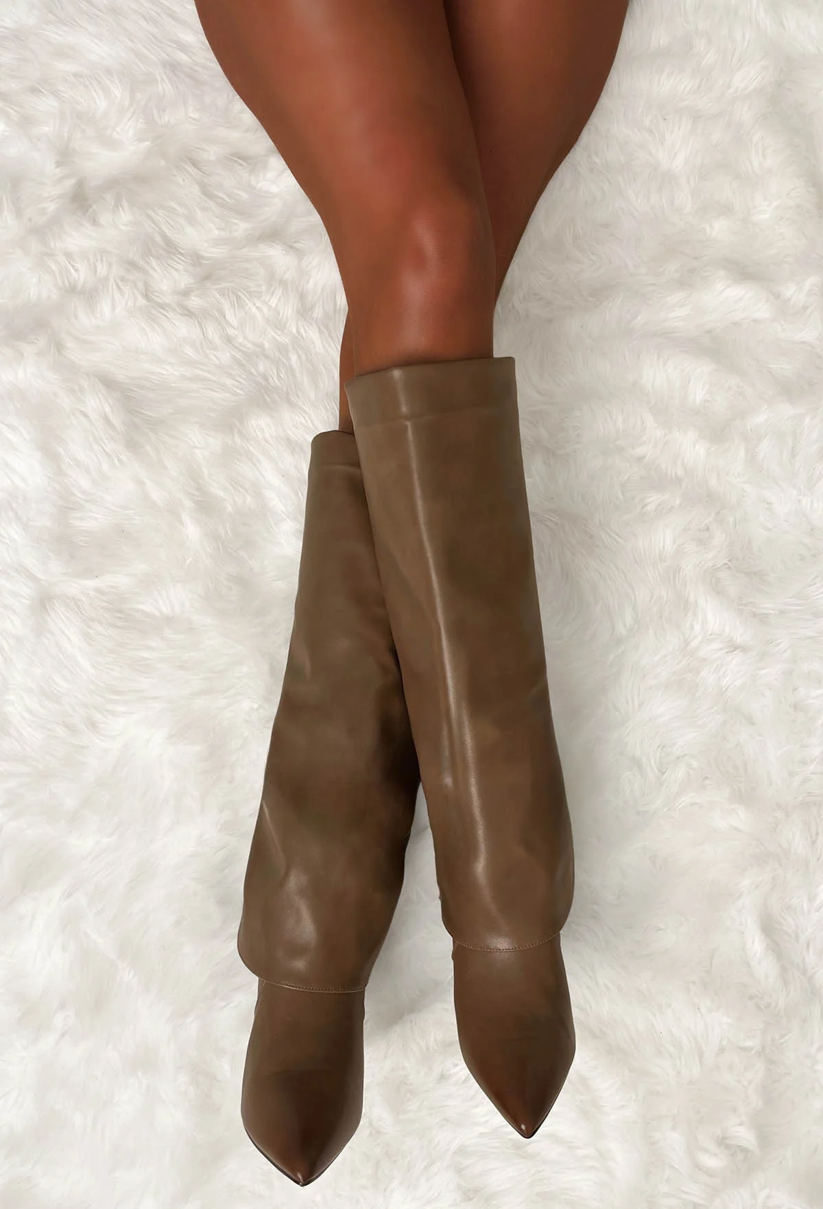 Step By Step Tan Stiletto Knee High Faux Leather Shark Boots - Image 4