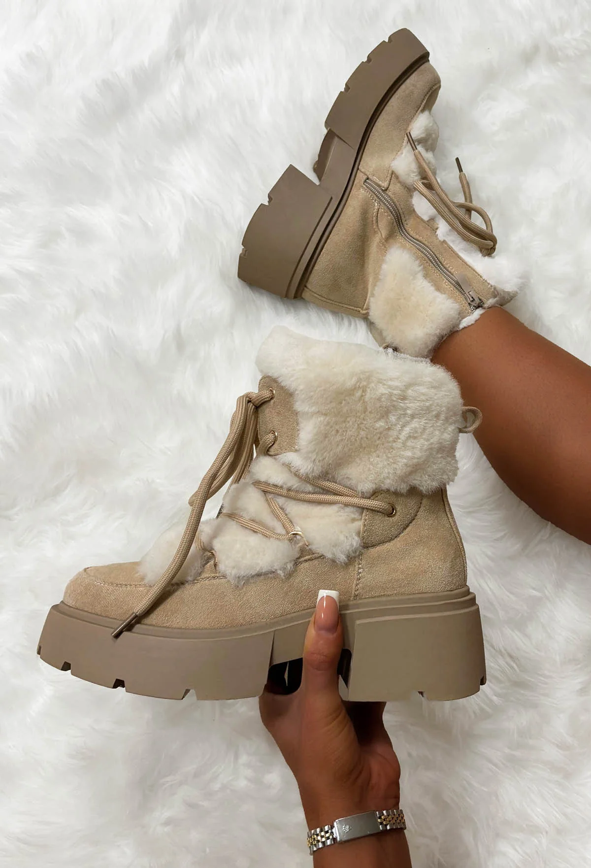 Take Your Chance Cream Faux Fur Lace Up Boots - Image 2
