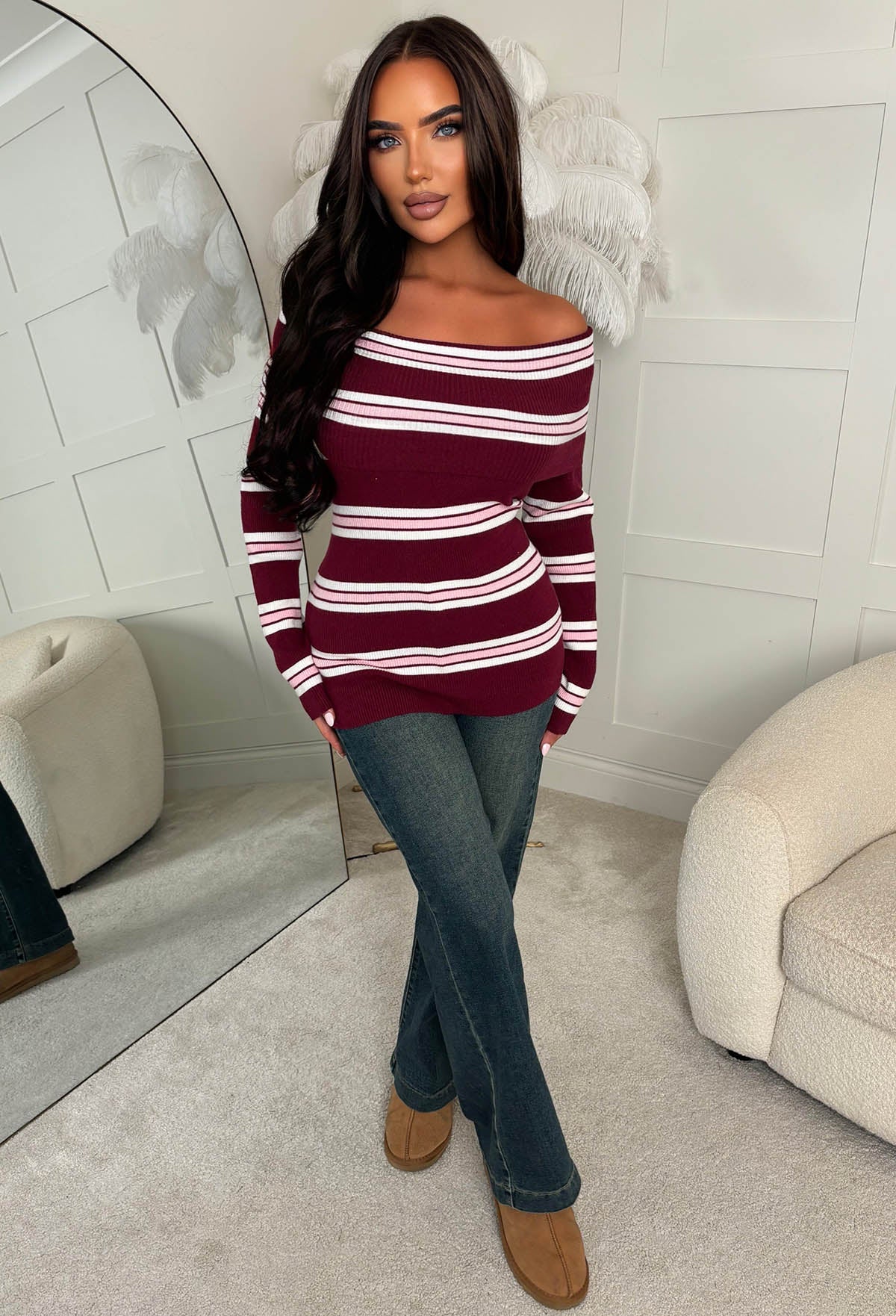Striped Adorer Burgundy Striped Bardot Foldover Long Sleeve Top - Image 3