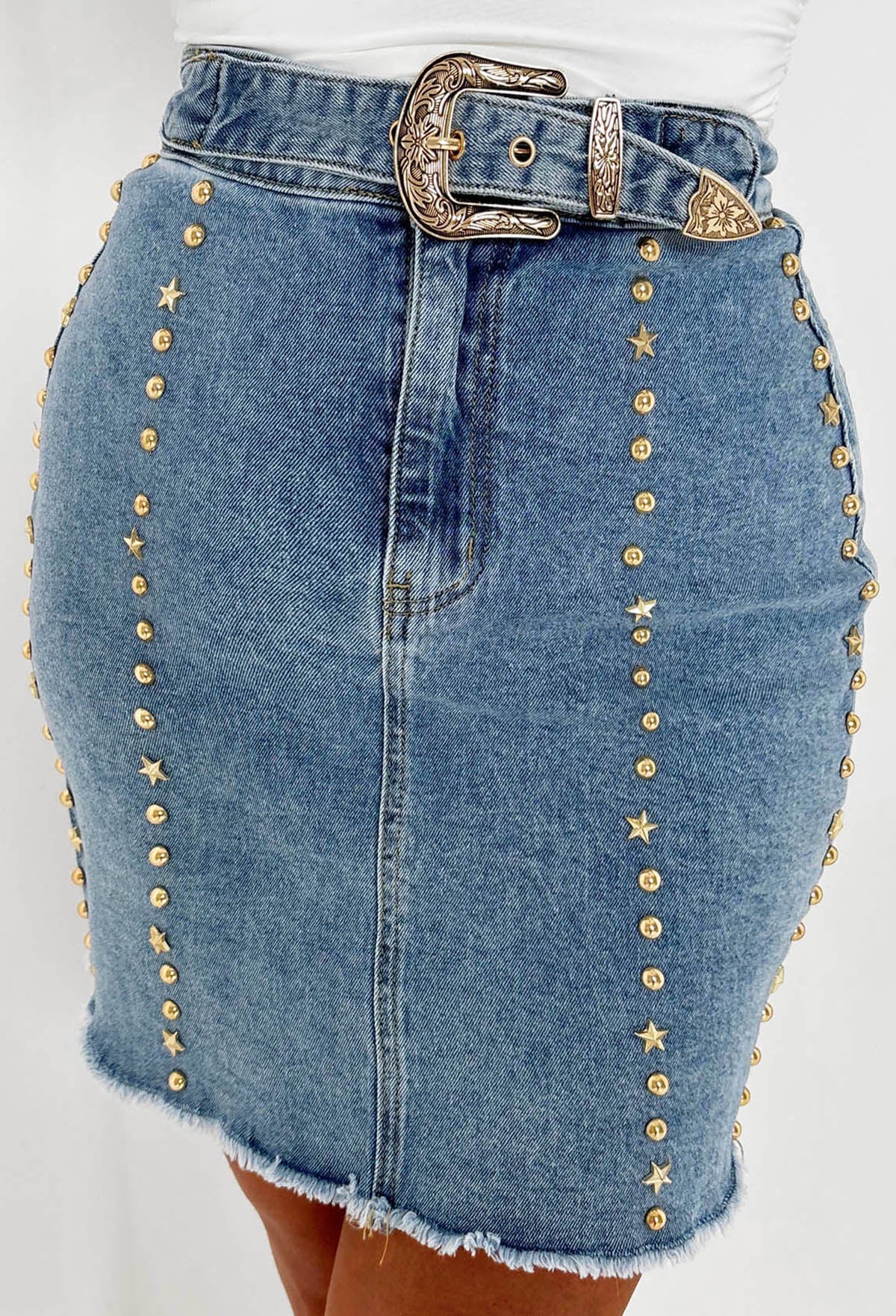 Studded Chic Mid Wash Denim Stretch Skirt With Studded Seam Detail - Image 4