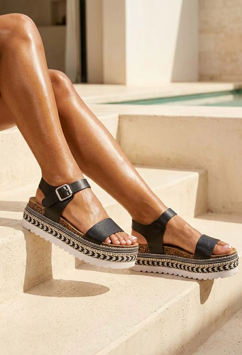 Studded Sass Black Zig Zag Adjustable Platform Sandal