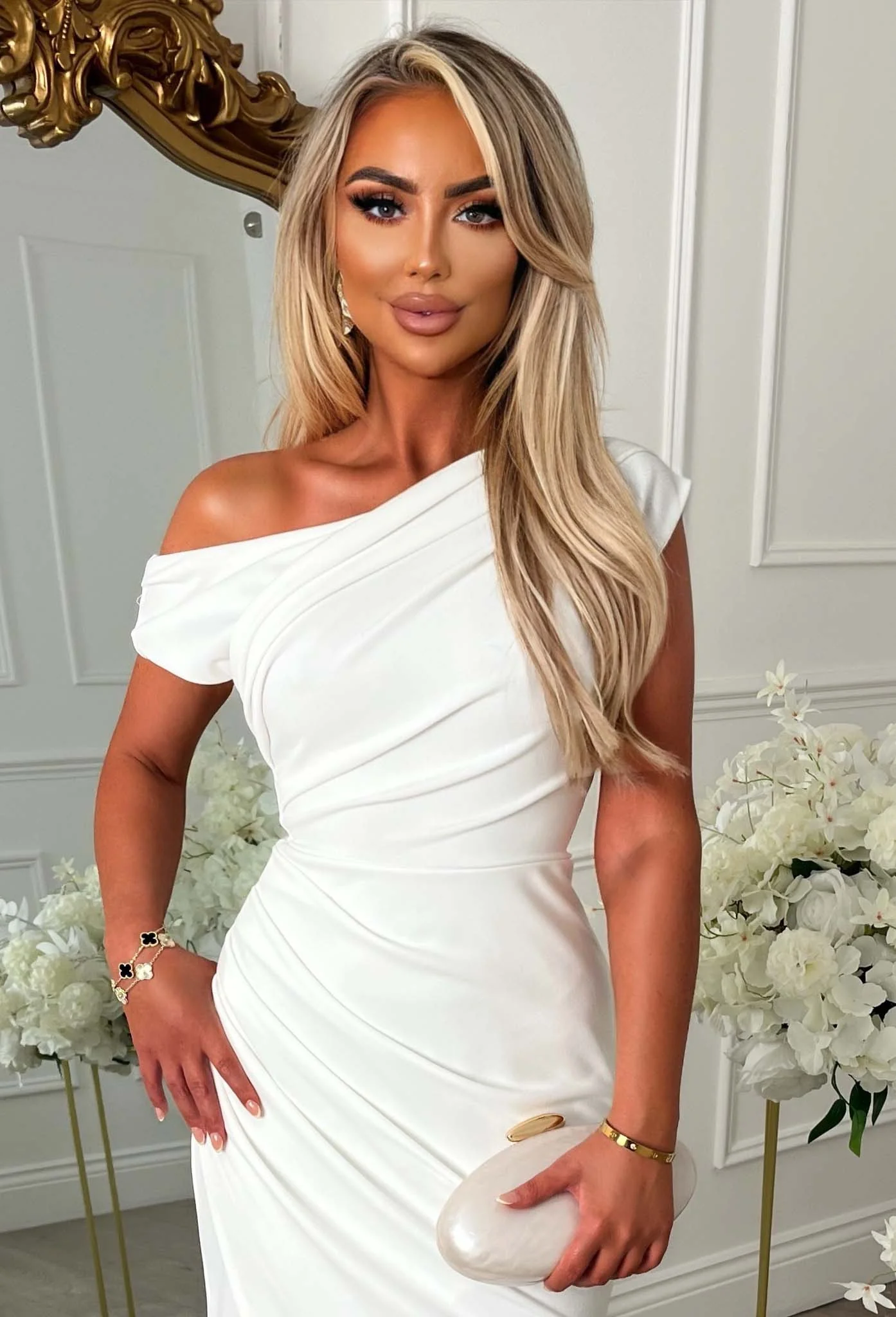 Such A Stunner White Off The Shoulder Ruched Midi Dress - Image 3