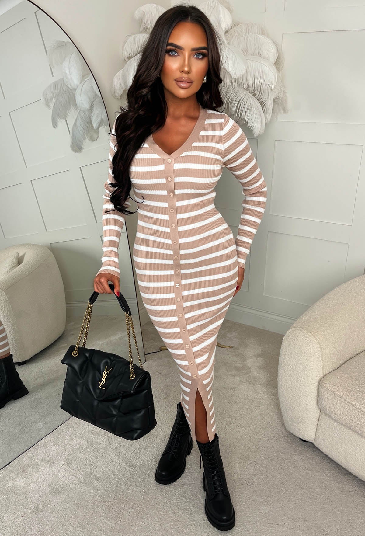 Sugar Crush Mocha Striped Knitted Midi Dress - Image 3