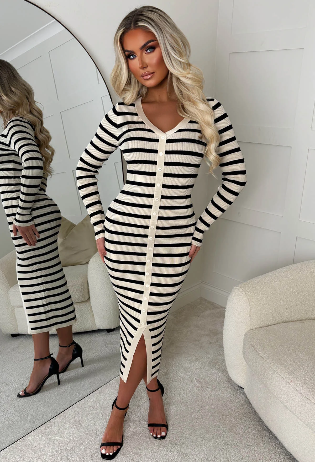 Sugar Rush Beige Striped Knitted Midi Dress - Image 3