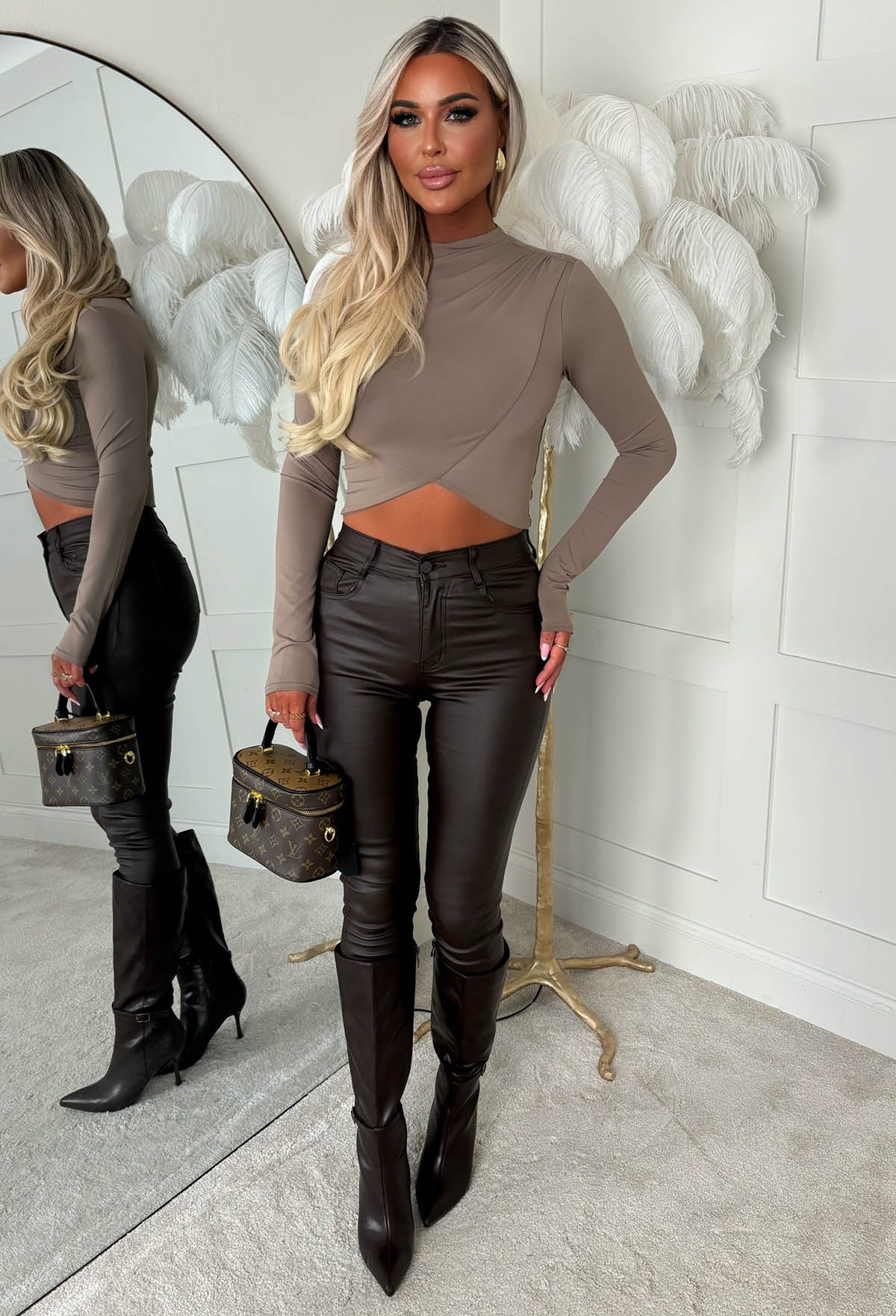 Sugar Sweet Mocha Jersey Cropped Wrap Top - Image 3