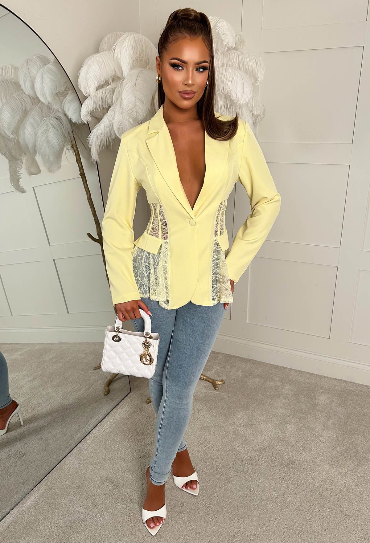 Sultry Statement Yellow Lace Panelled Blazer - Image 4